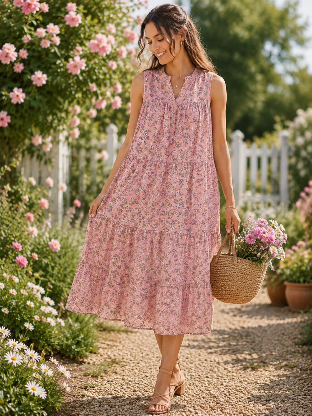 Zara Women's Pink Floral Tiered Midi Dress S Sleeveless Cottagecore Prairie Boho - Picture 2 of 9